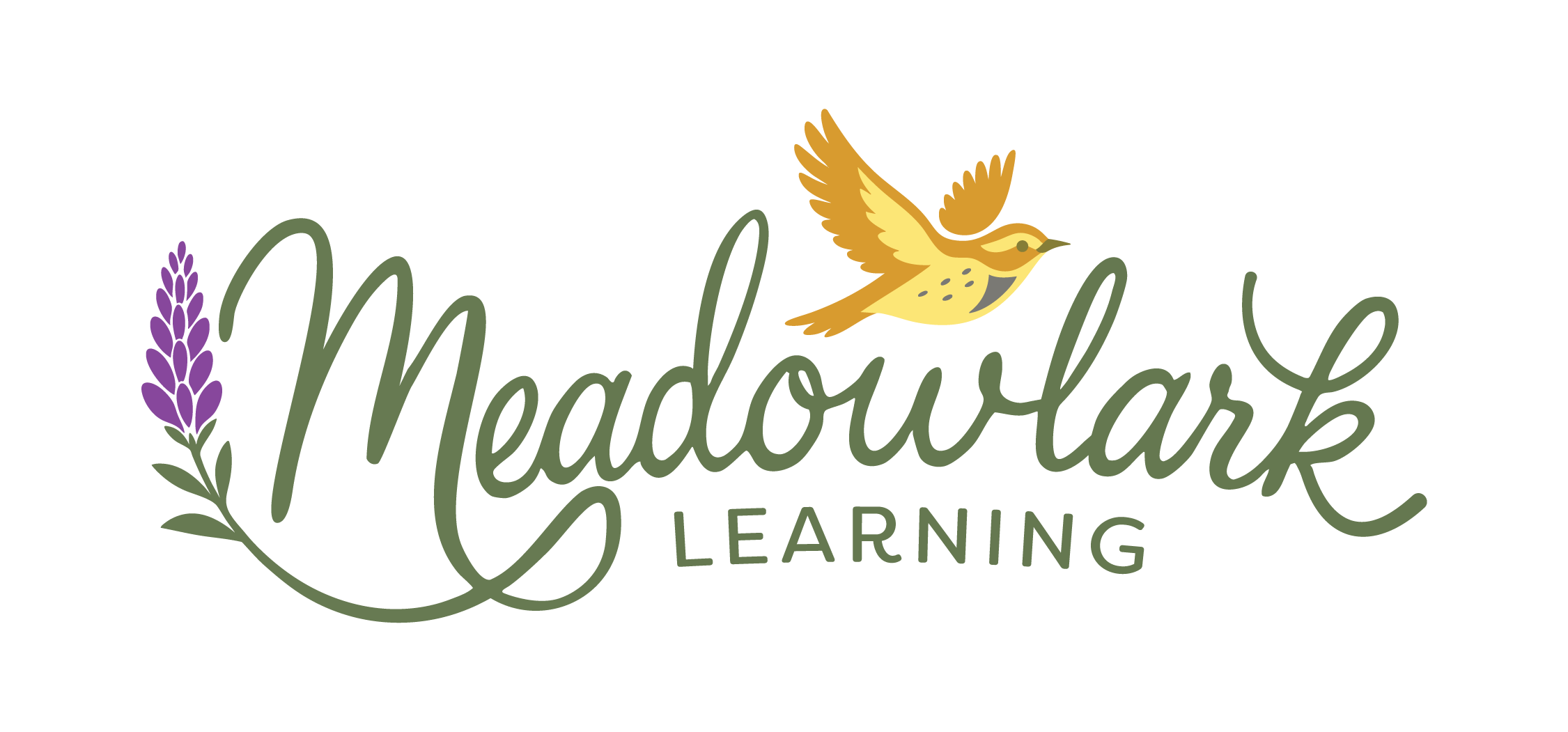 Meadowlark Learning logo with a bird and lavender flower on a white background