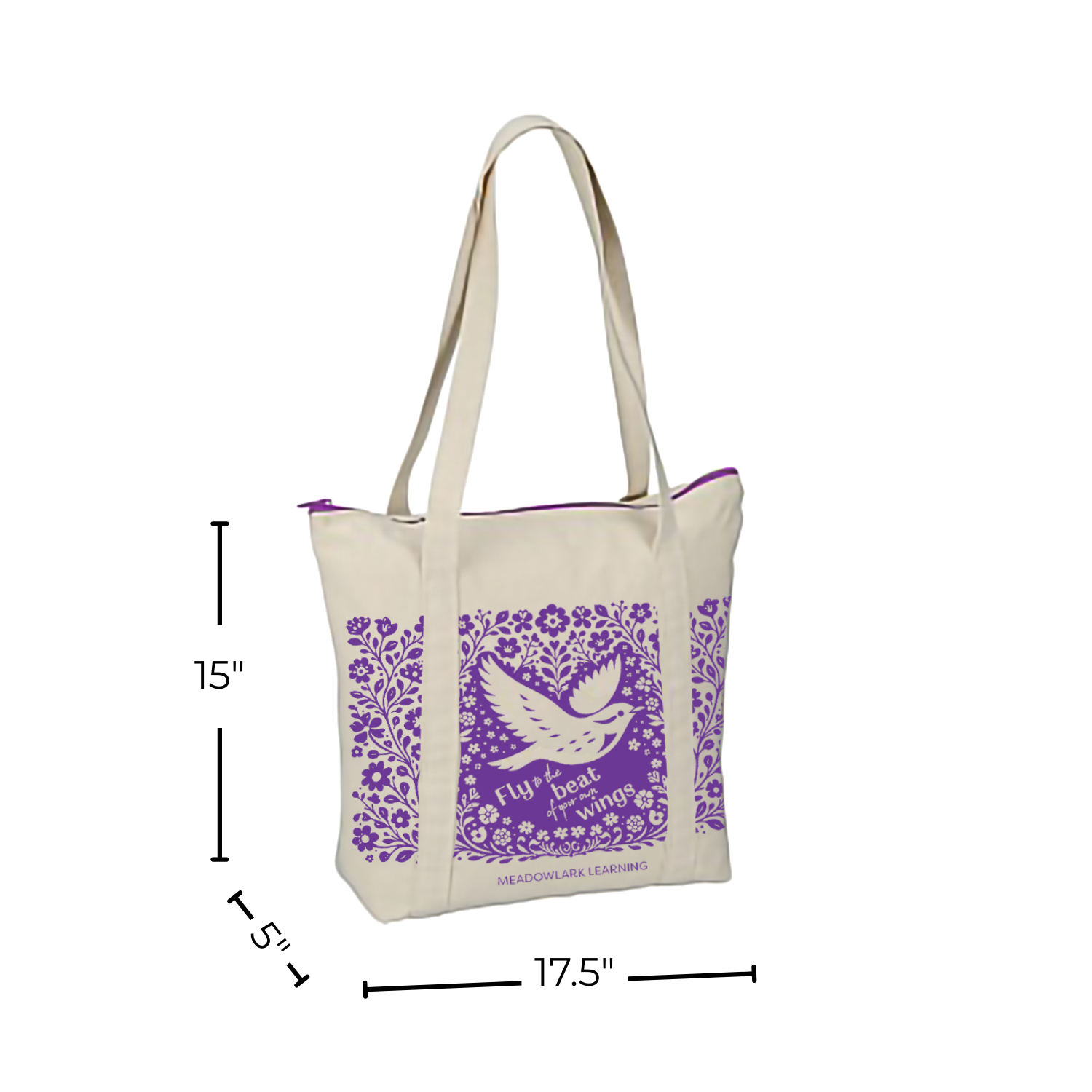 Tote bag with purple design and measurements on a white background