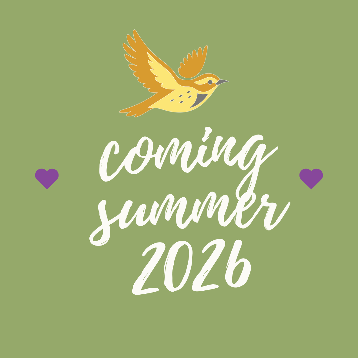 Promotional graphic with a bird illustration and 'Coming Summer 2026' text on a green background.