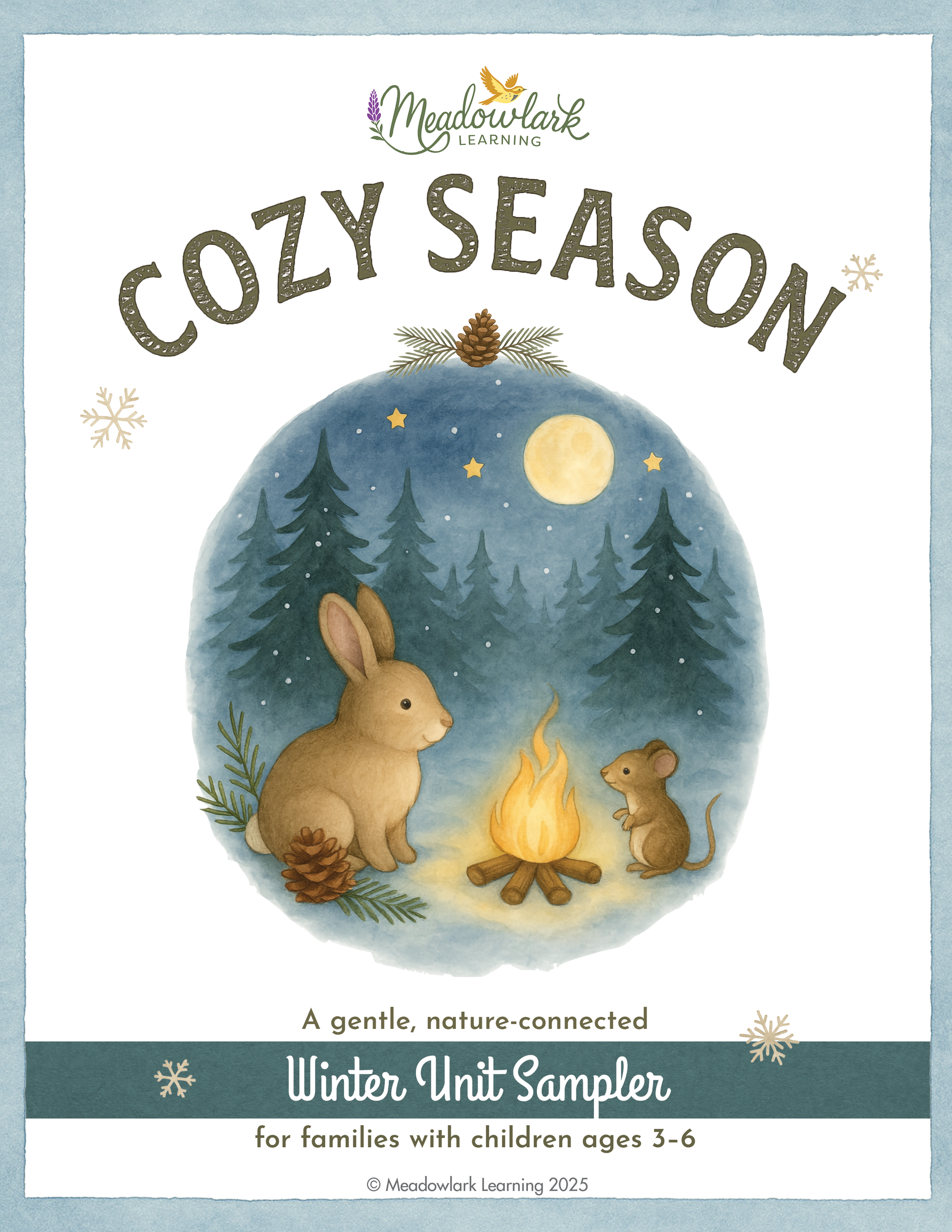 Cozy Season winter unit sampler for children with animals around a campfire and trees in the background.