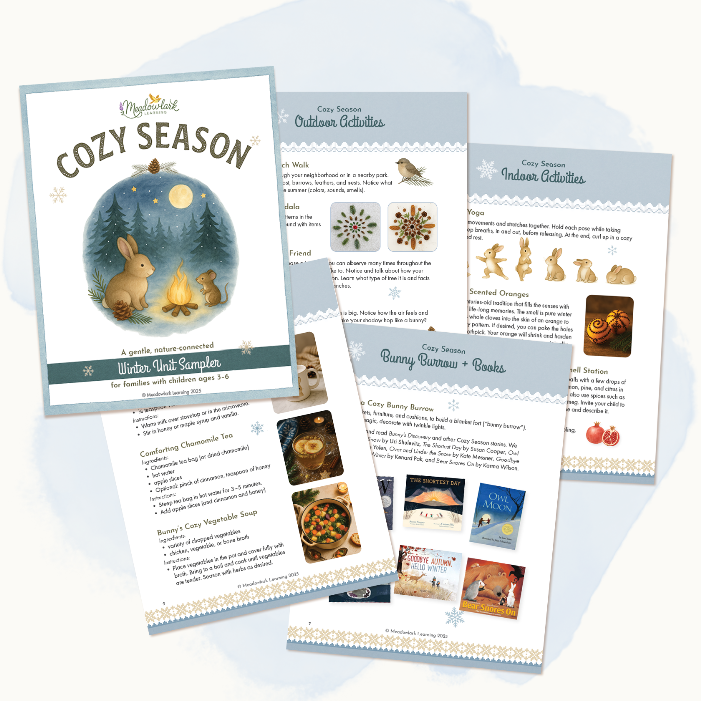 Set of educational materials titled 'Cozy Season' with illustrations and text on a white background.