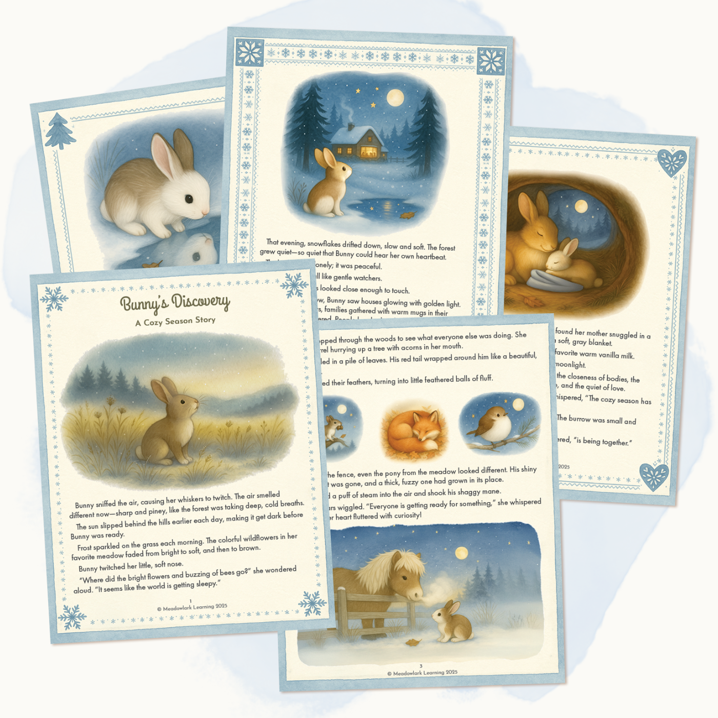 Set of children's book illustrations featuring a bunny and its mother.