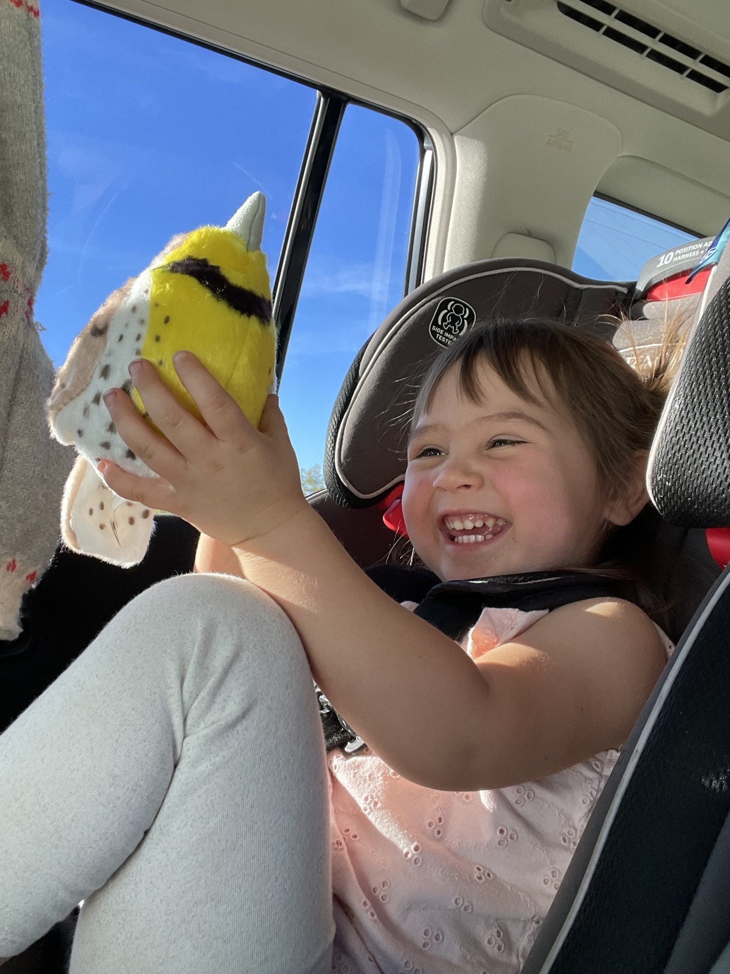 Child holding a stuffed animal in a car seat with a clear sky outside