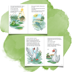Children's book open to pages with illustrations of a duck and frog on a pond
