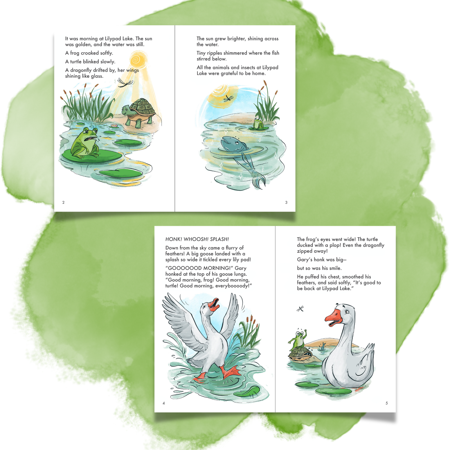 Children's book open to pages with illustrations of a duck and frog on a pond