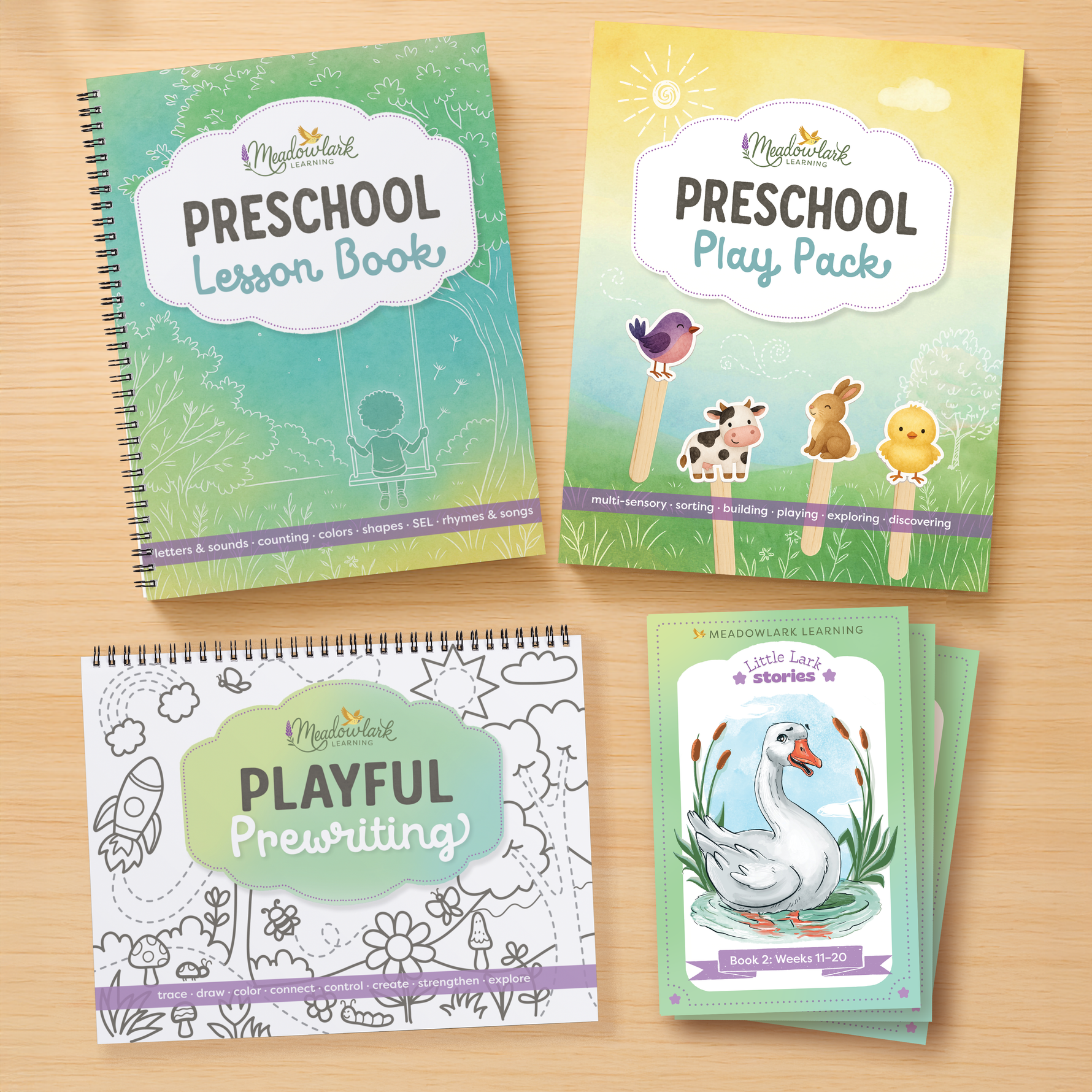 Educational materials for preschool on a wooden surface