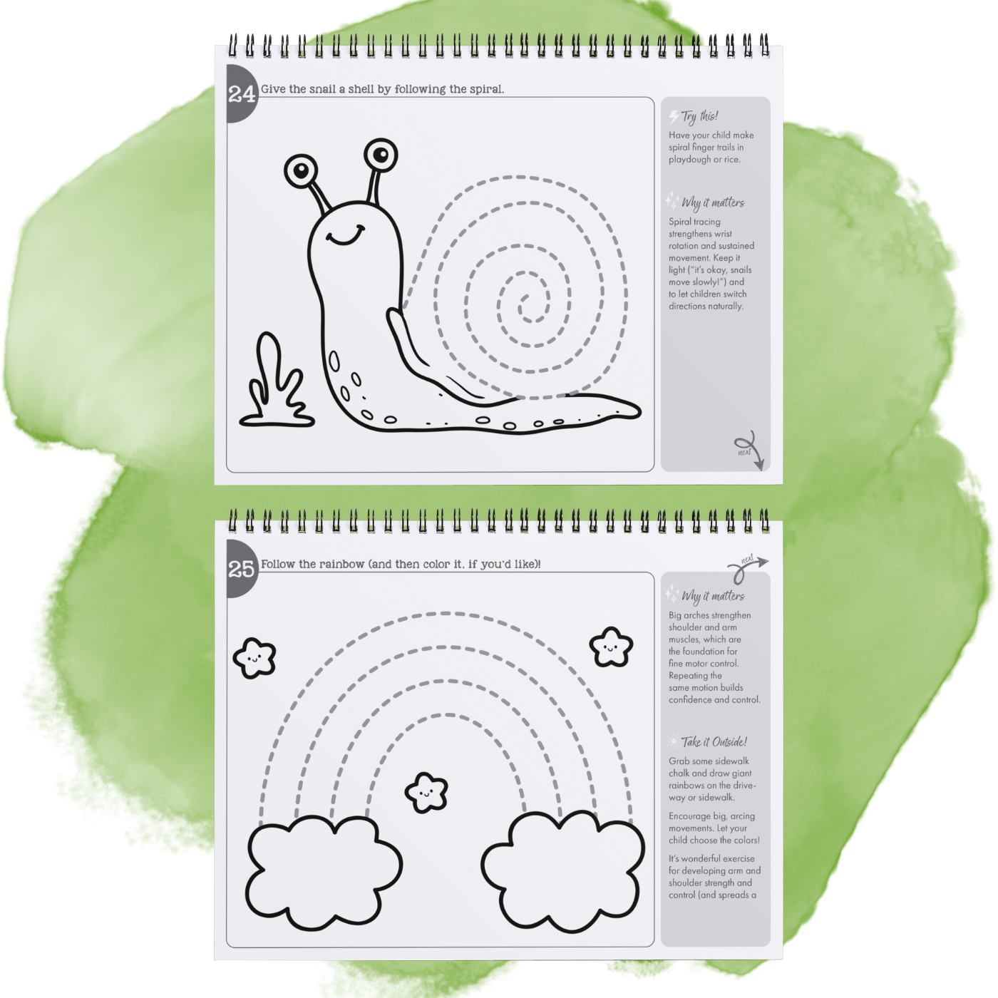 Two pages from a children's activity book with a snail and rainbow illustration on a green watercolor background.
