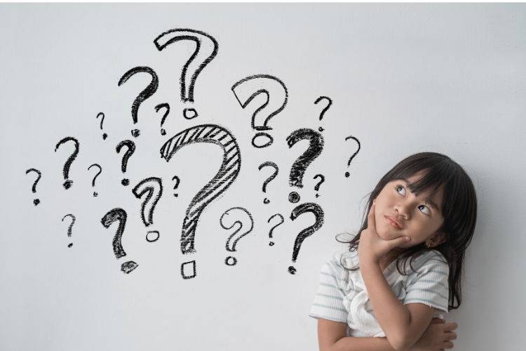 Child with question marks drawn around them on a light gray background