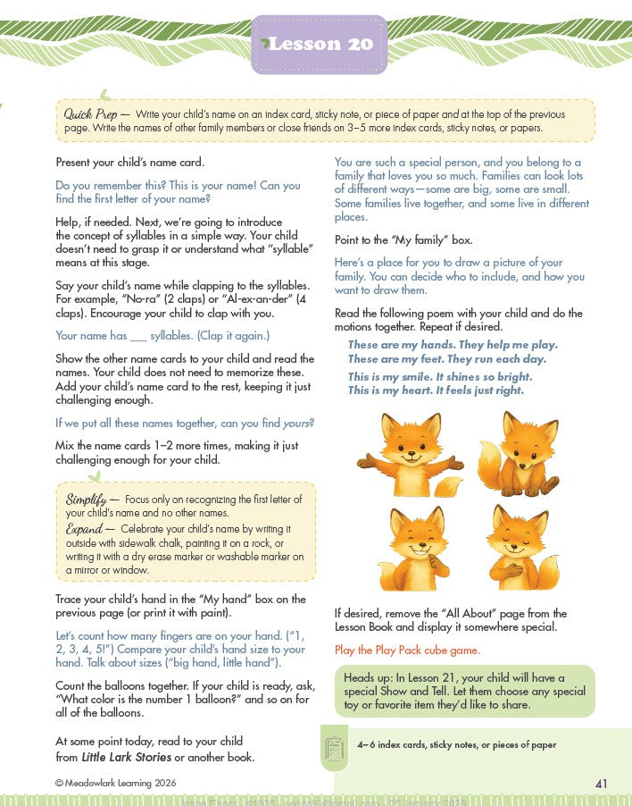 Educational worksheet for children with fox illustrations and text on a green border