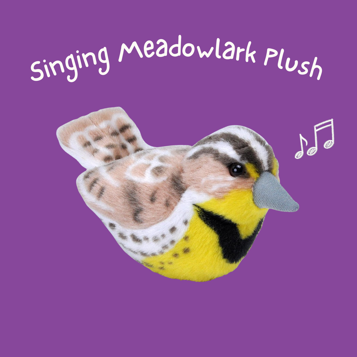 Plush meadowlark toy on a purple background with text 'Singing Meadowlark Plush'.
